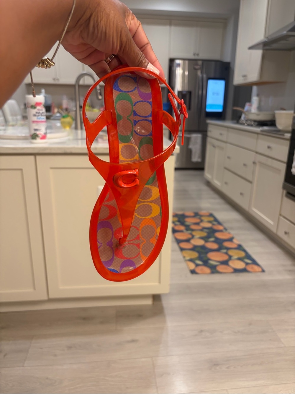 Coach Red Jelly T-Strap Sandals with Multicolor Printed Footbed - Picture 7 of 8